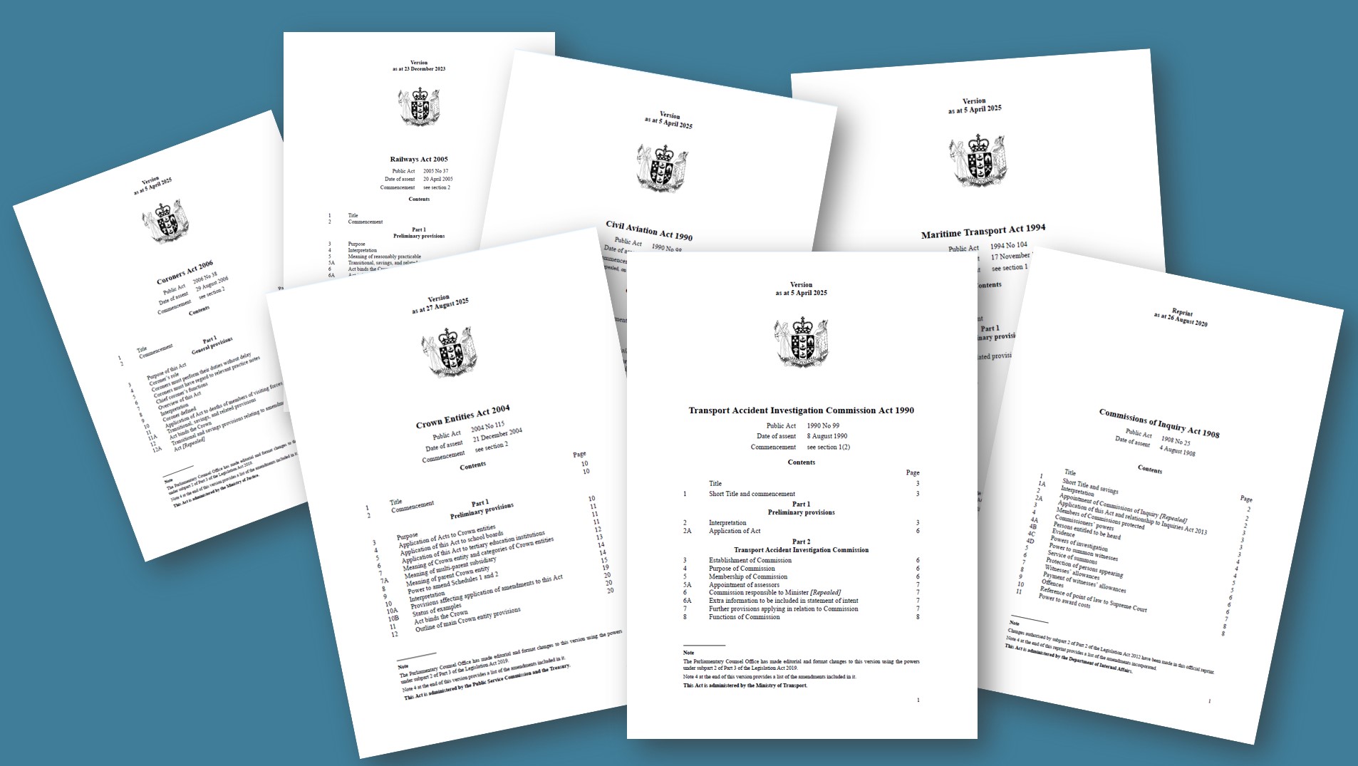 Composite of the front page of Acts of Parliament that affect TAIC