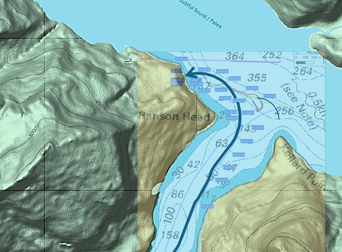 Composite image. A marine chart is superimposed on a Google Maps terrain showing the junction of Doubtful Sound and Crooked Arm inlet.  An annotation of the ship's course towards impact with the fiord mountainside