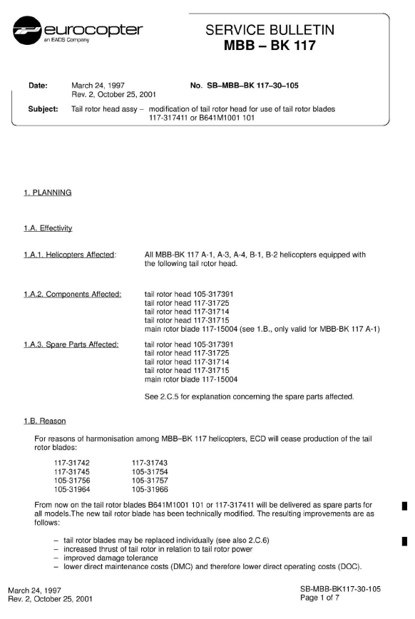 Eurocopter Service Bulletin SB-MBB-BK 117-30-105