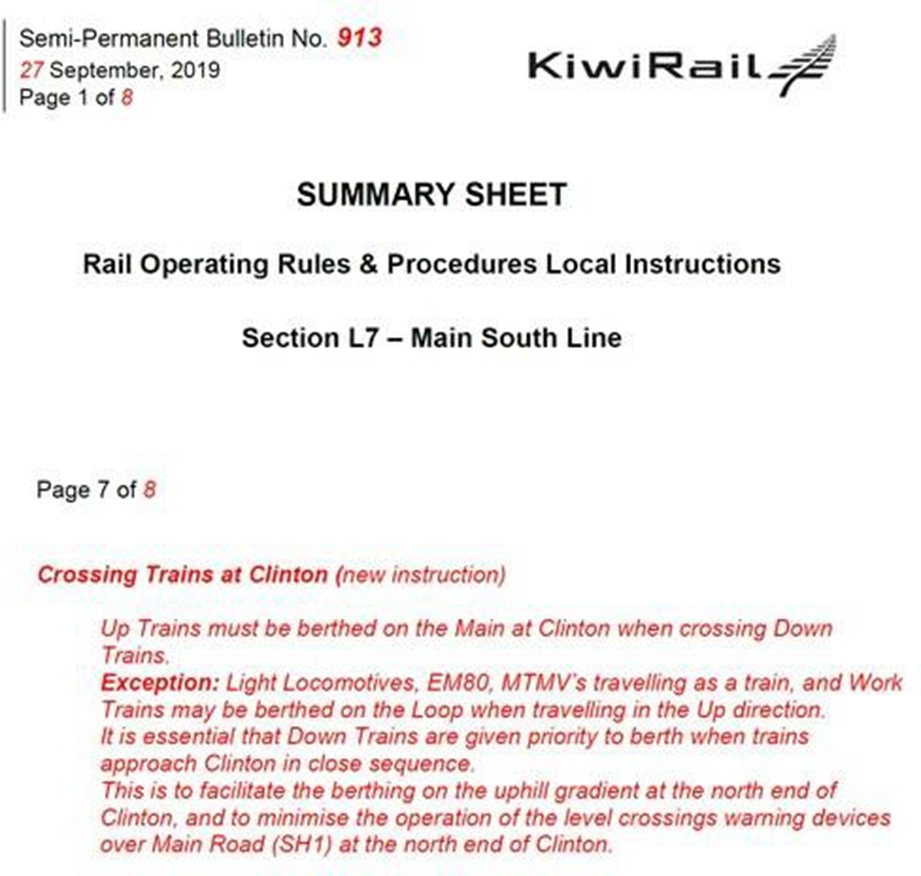 Extract from KiwiRail Semi-Permanent Bulletin No. 913