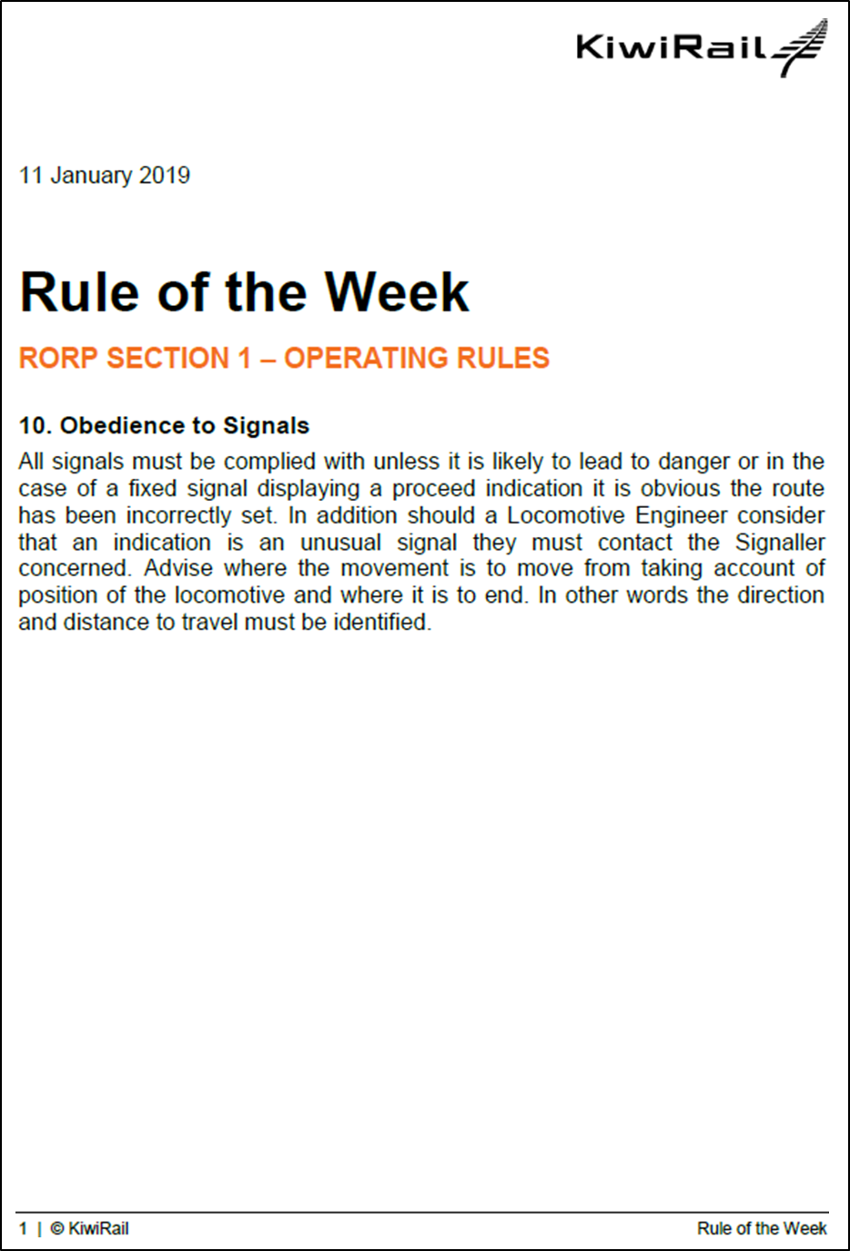 KiwiRail Rule of the Week – 11 January 2019