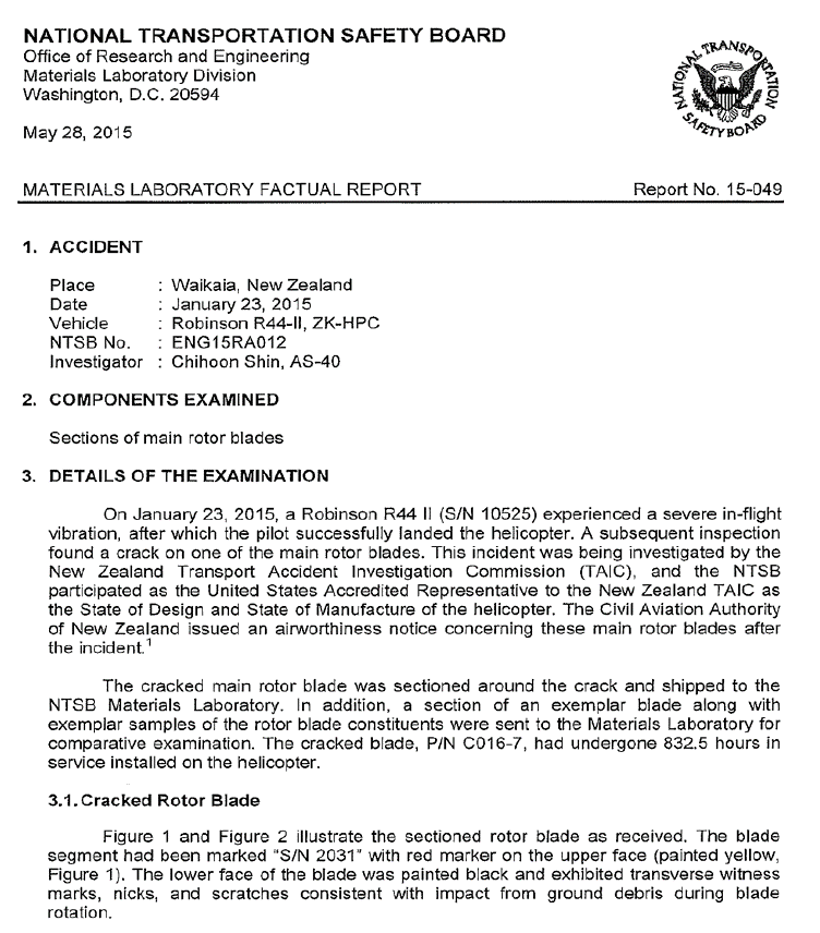NTSB Materials Laboratory report