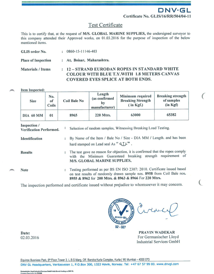 Mooring rope test certificate