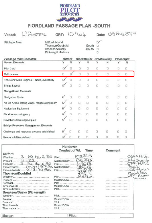Fiordland Pilot Services – Passage Plan