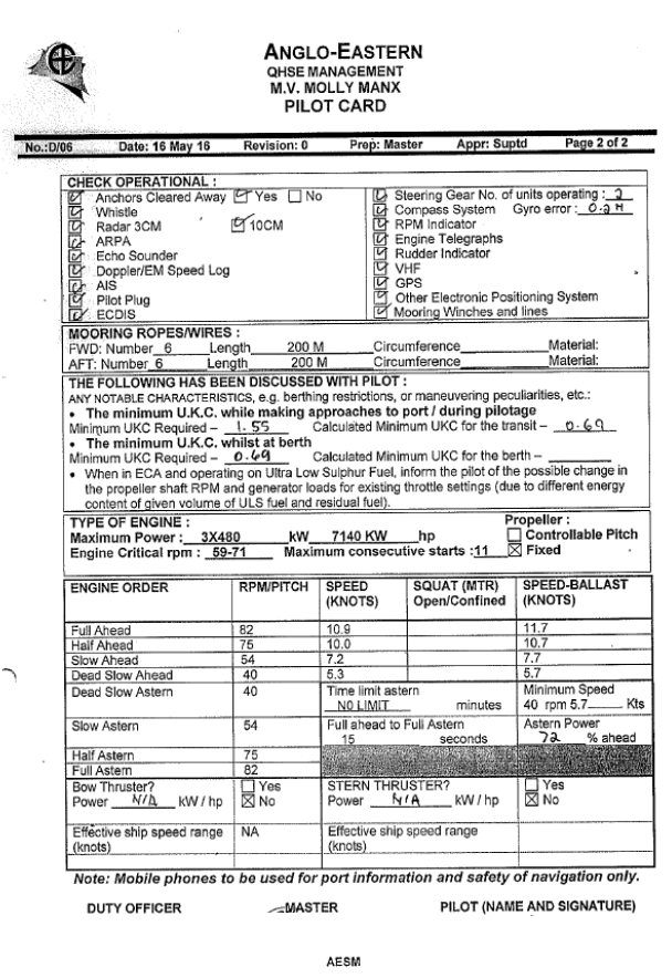 Port Otago pilot information sheet and the vessel’s ‘pilot card’