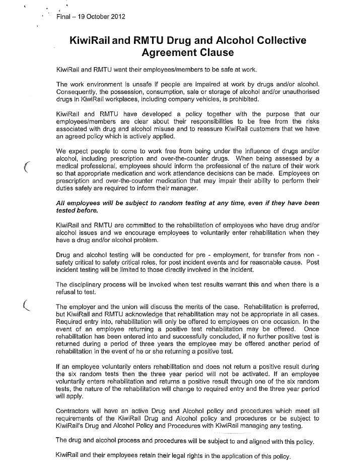 KiwiRail and Rail and Maritime Transport Union Drug and Alcohol Collective Agreement Clause