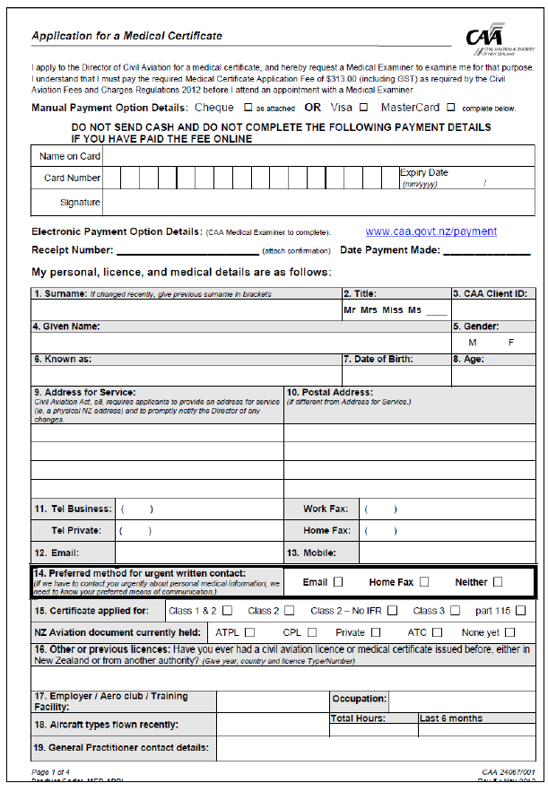 CAA Application for a Medical Certificate form