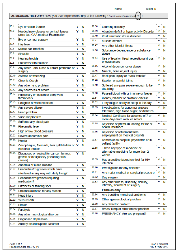CAA Application for a Medical Certificate form