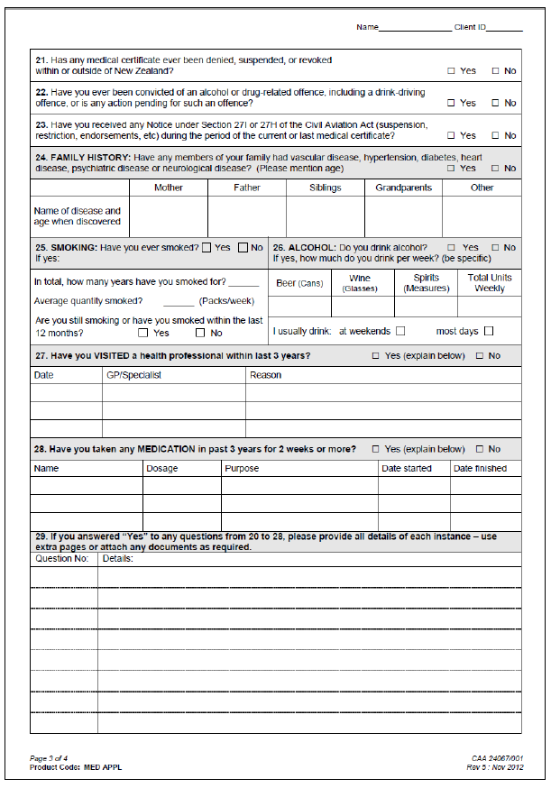 CAA Application for a Medical Certificate form