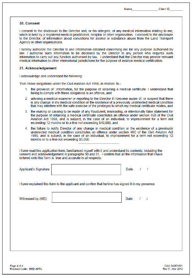 CAA Application for a Medical Certificate form