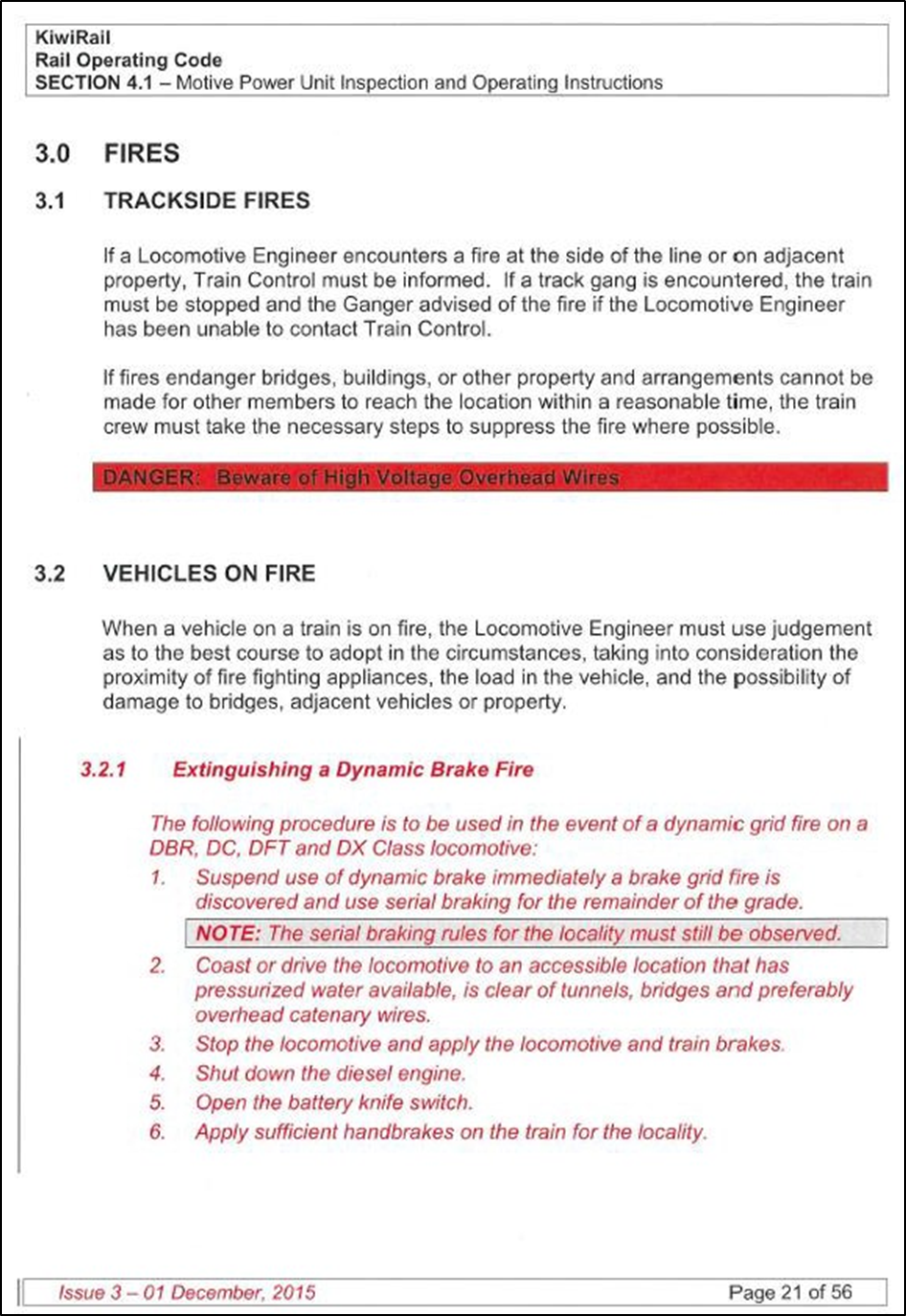 Rail Operating Code section 3.2 – Vehicles on fire