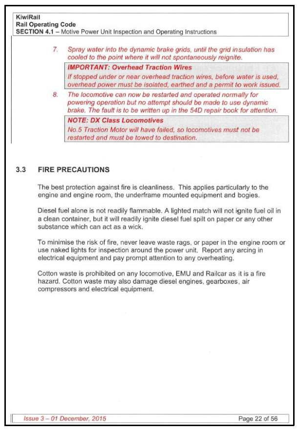 Rail Operating Code section 3.2 – Vehicles on fire