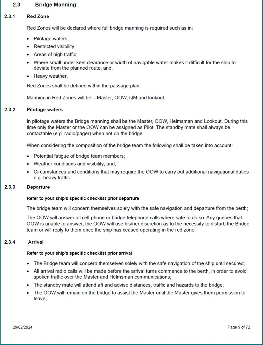SMS procedures manual – bridge manning