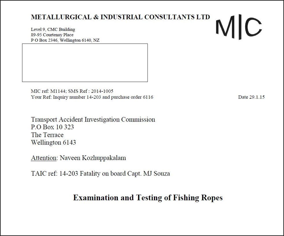 Substantive part of rope testing report