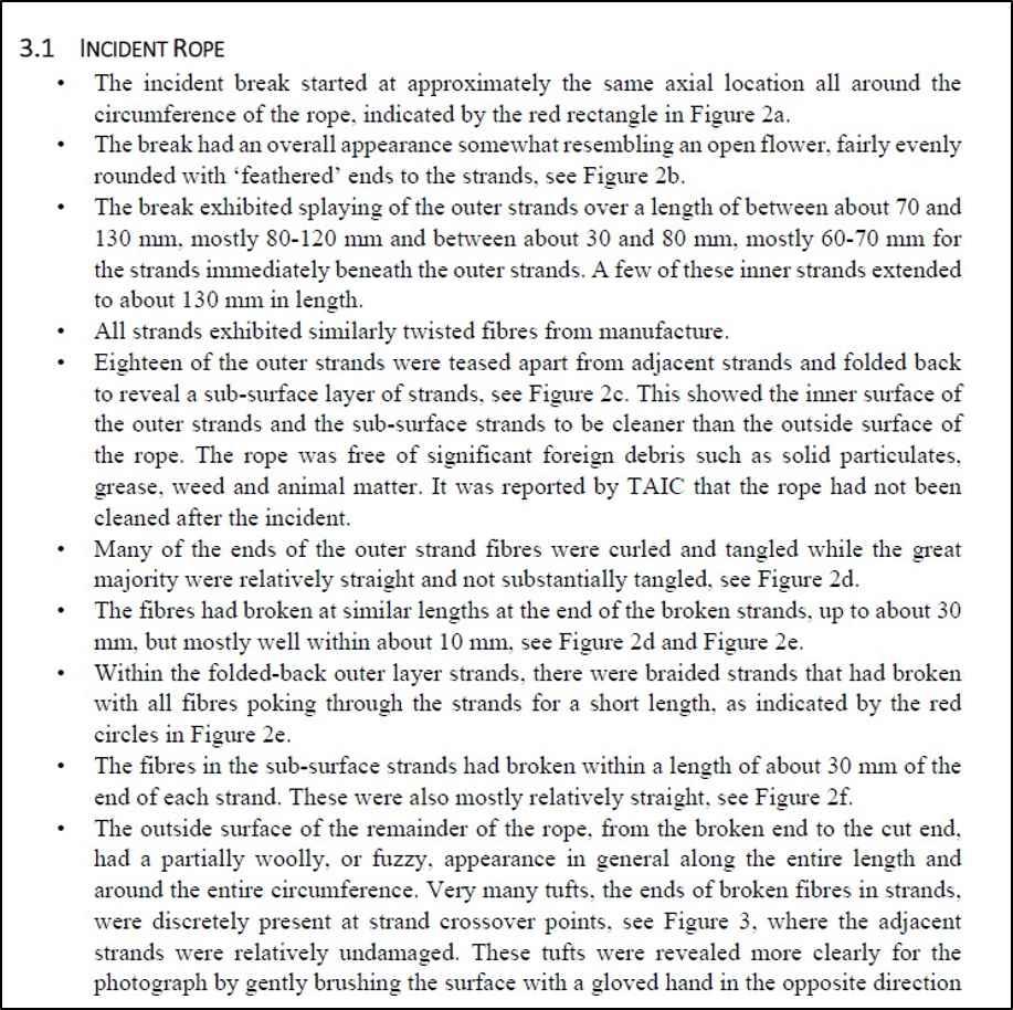 Substantive part of rope testing report