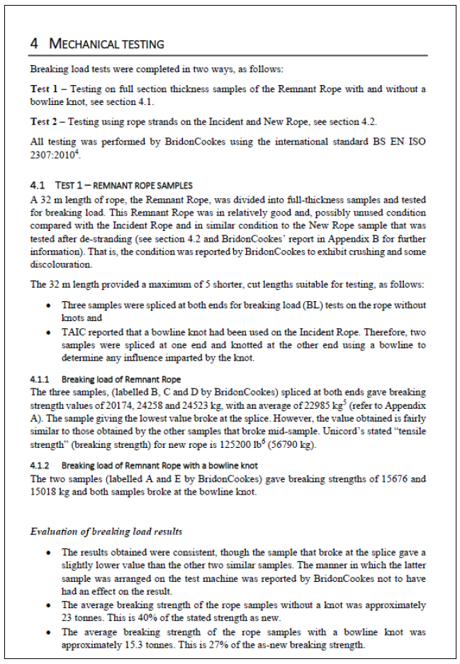 Substantive part of rope testing report
