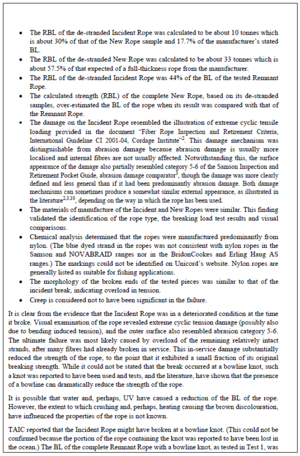 Substantive part of rope testing report