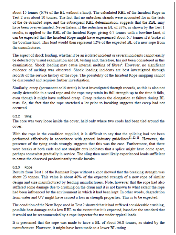 Substantive part of rope testing report