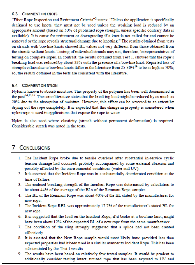Substantive part of rope testing report