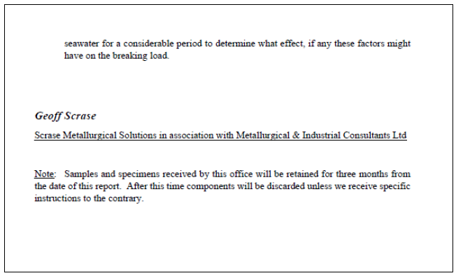 Substantive part of rope testing report