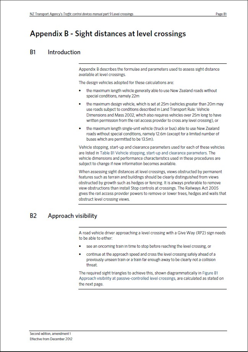 NZ Transport Agency’s Traffic Control Devices Manual, Part 9, Level crossings, Appendix B – Sight distances at level crossings