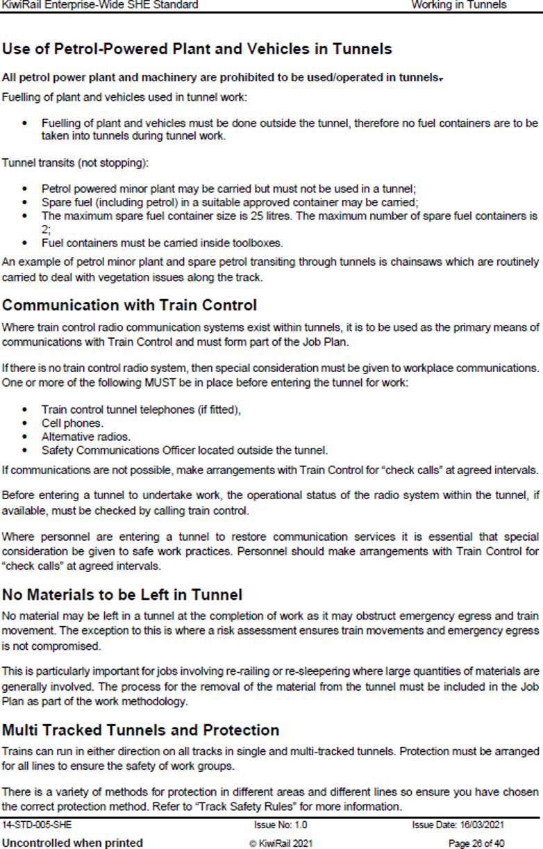 KiwiRail Standard 14-STD-005, ‘SHE Working in tunnels’, Section 14 page 26