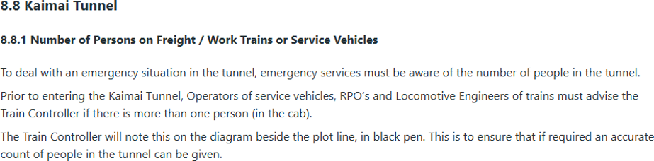 KiwiRail Local Network Instructions ‘Kaimai Tunnel’, Section 8.8.1
