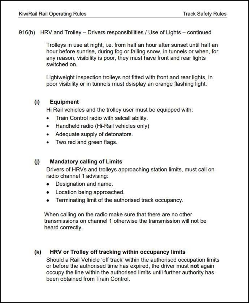 KiwiRail Rail Operating Rule 916 Hi Rail Vehicle and Trolley – Drivers responsibilities