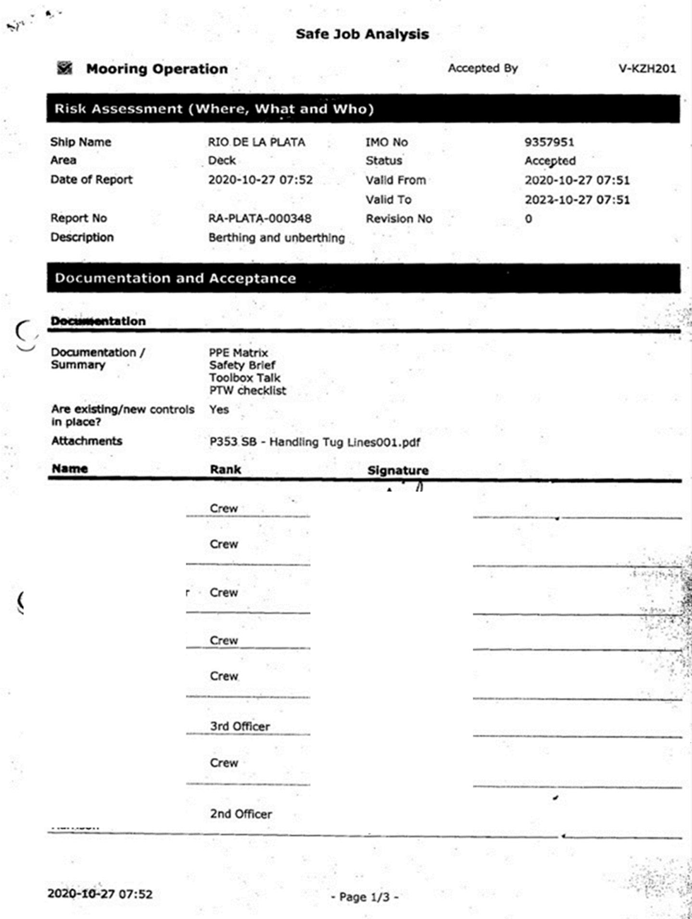 Screenshot showing Safe Job Analysis – Mooring Operations