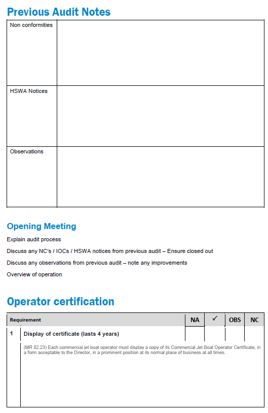 Screenshot of MNZ Commercial Jet Boat Operations River Audit Checklist