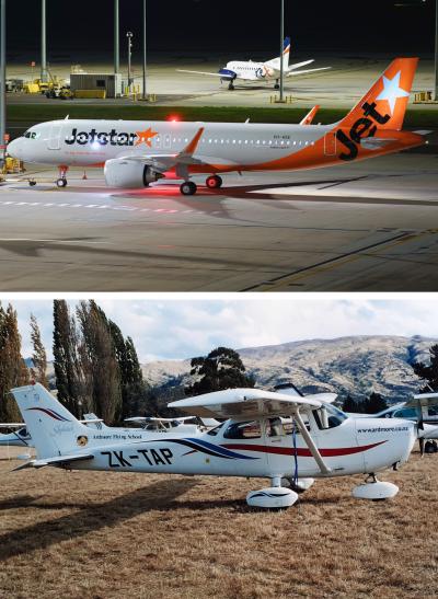 Top: Jetstar Airways Airbus A320 (VH-A5E) parked on the airport apron. Credit: ZhangerAviation // Ryan Zhang Bottom: Cessna 172 aircraft ZK-TAP, operated by Ardmore Flying School, parked on an airfield. Credit: Richard Currie