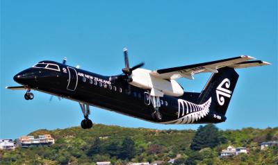 The Bombarier aircraft involved in this incident, photographed at low altitude with its landing gear down. it is in Air new Zealand's 'All Black' style livery. Weather is fine.  