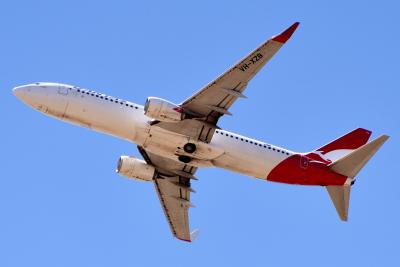 A Boeing 737 in Qantas livery, seen close up from below.