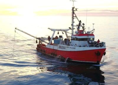 Photo of a 29 metre steel hull trawler in the foreground, slowly approaching the viewer. The sea is very calm. In the far distance behind the vessel, the Sun is  near the horizon.