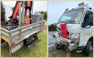Composite image - photos of the two hi-rail vehicles (rail-riding trucks). On the left, a flat bed truck's tailgate is deformed across its full width. On the right, the panels and bumper on the front of another truck are also deformed across the full width.