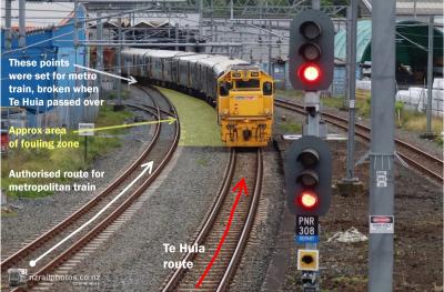 a passenger train stands stationary, across a set of points. In the foreground a rail traffic signal displays a red light. The parallel-converging track on the left is the one along which the metropolitan train was authorised to travel. 