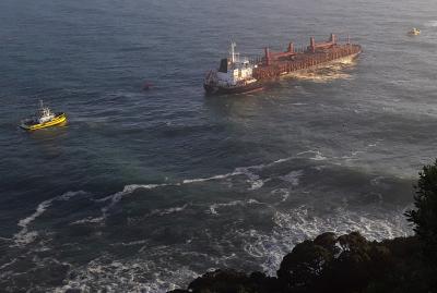 The Funing being assisted by Port of Tauranga tugs, off Mauao-Mt Maunganui. Photo_Stu James via SunLive