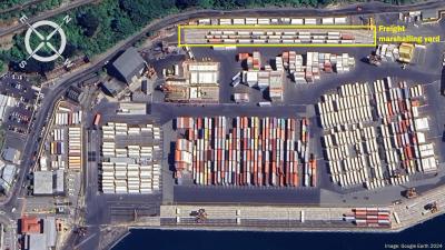 Satellite photo of the Port Chalmers freight container yard, including the rail shunt marshalling yard.  