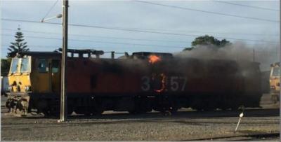 Electric locomotive burning at KiwiRail Palmerston North Terminal