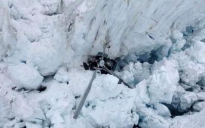 The crashed helicopter in the Fox Glacier crevasse. Police photo