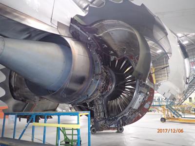 The engine with cowling open for inspection