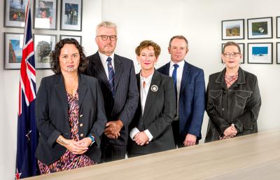 TAIC's Commissioners - left to right: Bernadette Roka Arapere, Deputy Chief Commissioner Stephen Davies Howard, Chief Commissioner Jane Meares, David Clarke, Paula Rose QSO Group photo of the five TAIC Commissioners