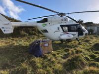 a helicopter air ambulance sits on a patch of tussock grass. A large basket is by its side.  
