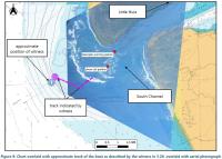 Fig 9 from the TAIC report. Marine chart overlaid with approximate track of the boat as described by the witness in report paragraph 3.29, overlaid with aerial photograph to make it easier for sighted people to understand the location of the waves of the bar - over the shallow waters outside the harbour entrance