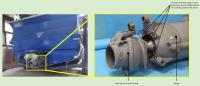 A composite image showing a jet boat's jet unit and its separated components. The left image (Image 1) displays the rear of a blue jet boat with the jet unit in focus, highlighted by a yellow box. The right image (Image 2) is a close-up of the disassembled jet unit, showing the steering nozzle and tailpipe. Red circles mark the locations of broken stud bolts that were meant to secure the two halves of the jet unit together. A label indicates the location of the fourth, unbroken stud, which is hidden 