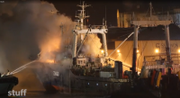 Dong Won on fire, Port Timaru, 9-10 April 2018. Credit: Stuff Dong Won on fire, Port Timaru, 9-10 April 2018. Credit: Stuff