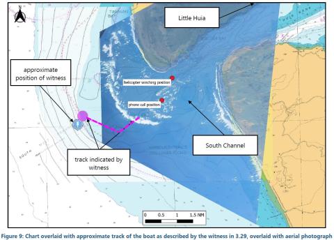 Fig 9 from the TAIC report. Marine chart overlaid with approximate track of the boat as described by the witness in report paragraph 3.29, overlaid with aerial photograph to make it easier for sighted people to understand the location of the waves of the bar - over the shallow waters outside the harbour entrance