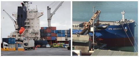 Part views of the two ships on which the stevedores were working - Left container ship Capitaine Tasman, Right bulk carrier ETG Aquarius Part views of the two ships on which the stevedores were working